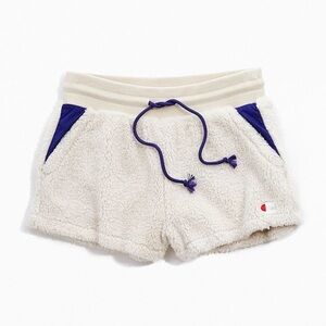 white and blue champion sherpa shorts